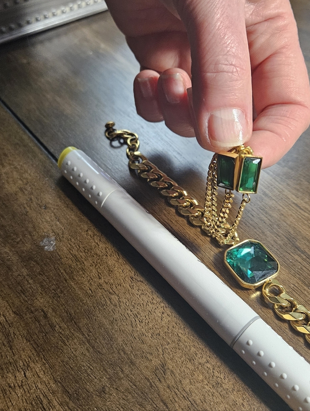 Gold Chain Bracelet with Emerald Green Square Crystal And Earings.